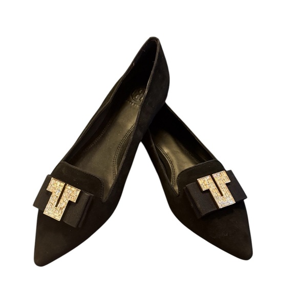 NWOT Tory Burch Black Suede Loafer Flats Bow and Jewel T Logo Size 9 MSRP $525